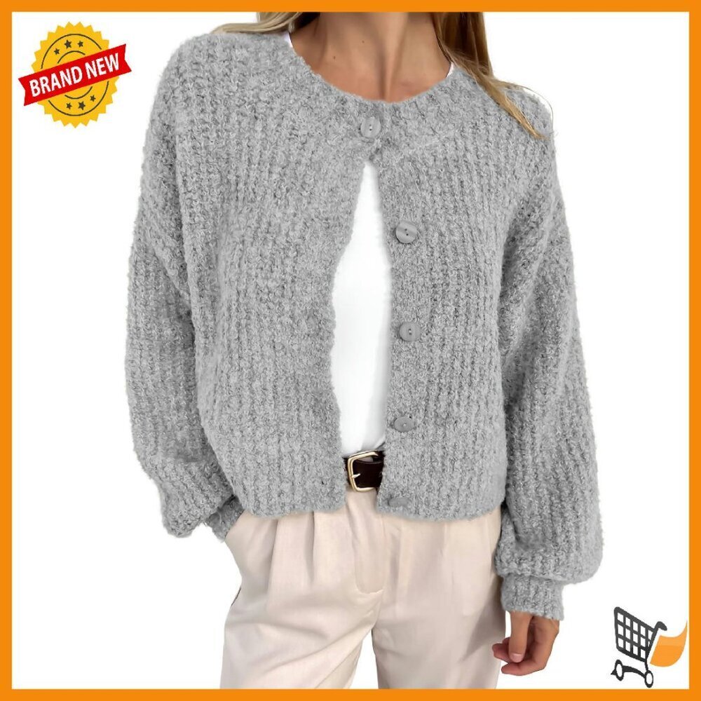 Soft Chunky Knit Cropped Cardigan Long Sleeve Button Down Women's Sweater